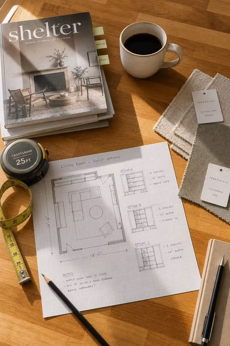 What to Check Before Styling a Living Room With Bookshelves for the First Time 2 A designer's workspace with floor plan sketches, a tape measure, fabric swatches, and magazines spread on a butcher block table in bright midday light.