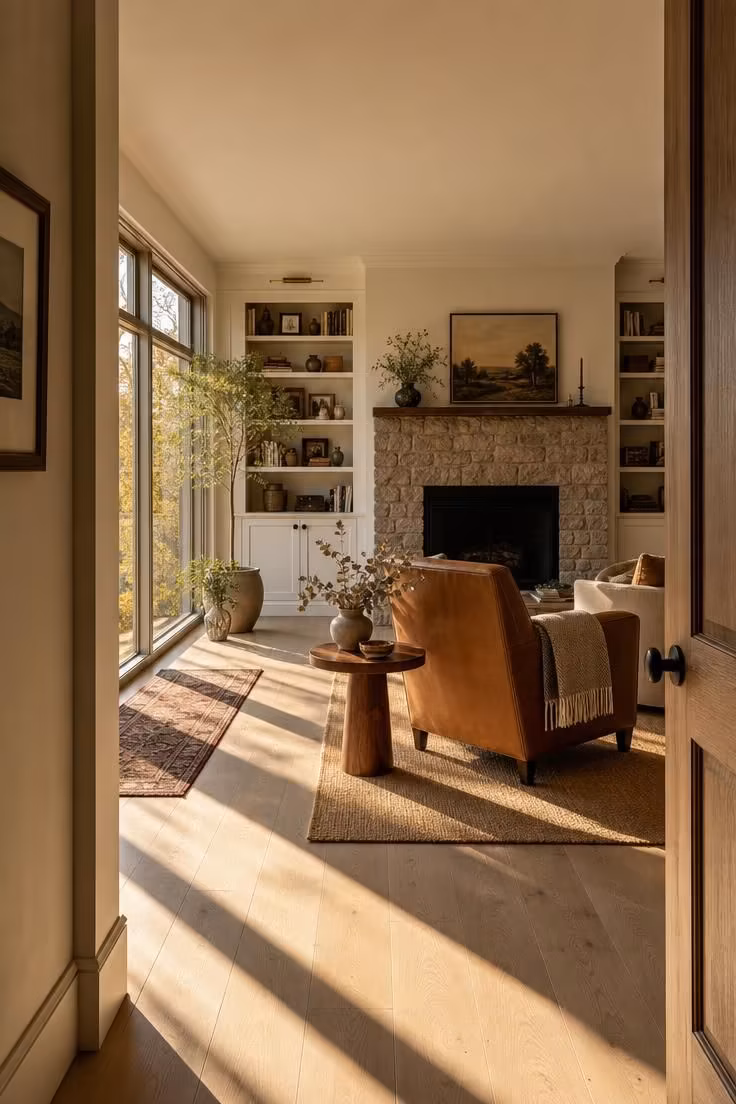What to Check Before Styling a Living Room With Bookshelves for the First Time 3 A sun-filled living room with built-in bookshelves flanking a stone fireplace, a leather armchair, and golden afternoon light streaming through tall windows.