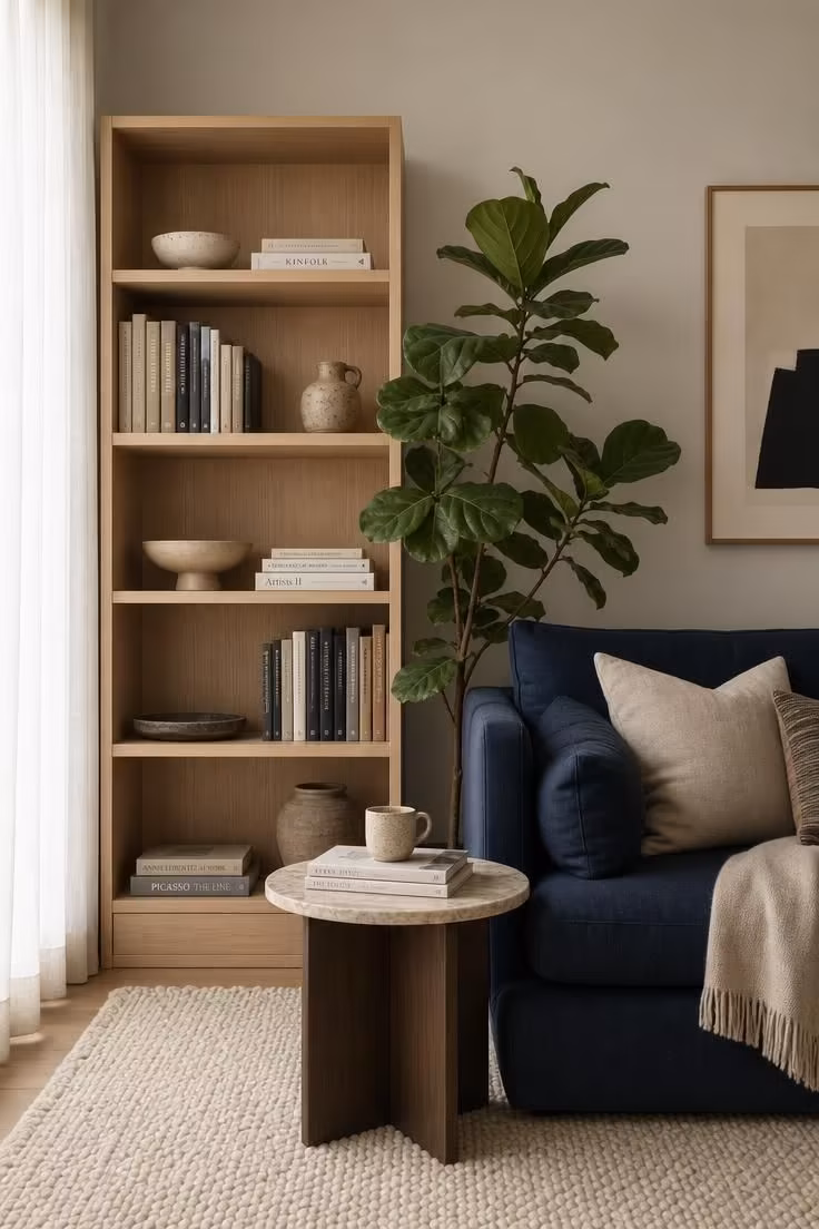 What to Check Before Styling a Living Room With Bookshelves for the First Time 5 A pale wood bookshelf standing beside a deep navy linen sofa in a living room with soft diffused light, a marble side table, and a tall fiddle leaf fig plant.