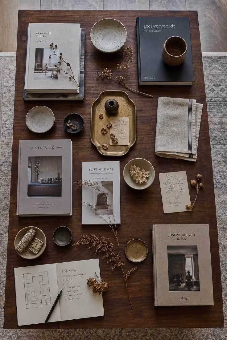 What to Check Before Styling a Living Room With Bookshelves for the First Time 6 An overhead flat-lay of books, ceramic bowls, dried botanicals, and a brass tray arranged on a walnut coffee table in cool overcast light during a shelf styling session.