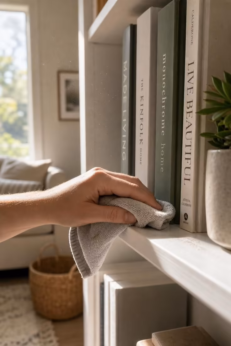 What to Check Before Styling a Living Room With Bookshelves for the First Time 7 A close-up of a hand dusting a white painted bookshelf edge in bright midday light with books and a small succulent on the shelf.