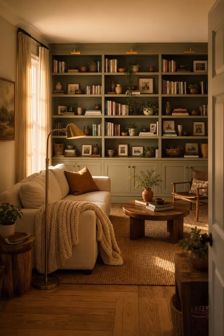 Simple Spaces 15 A warmly lit living room at golden hour with a floor-to-ceiling sage green built-in bookshelf, a cream linen sofa, and a brass floor lamp.