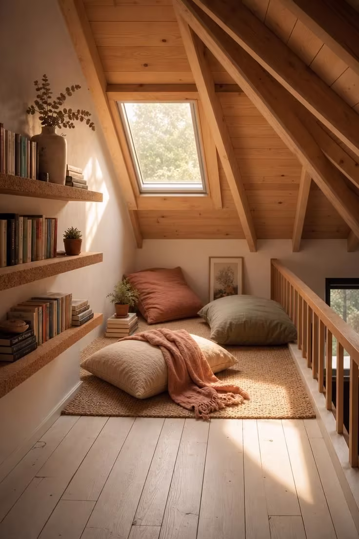 11 Inviting Loft Reading Nook Ideas for Every Home 1 A loft reading nook beneath a fixed skylight with linen floor cushions, cork shelves, and warm golden afternoon light on whitewashed plank floors.