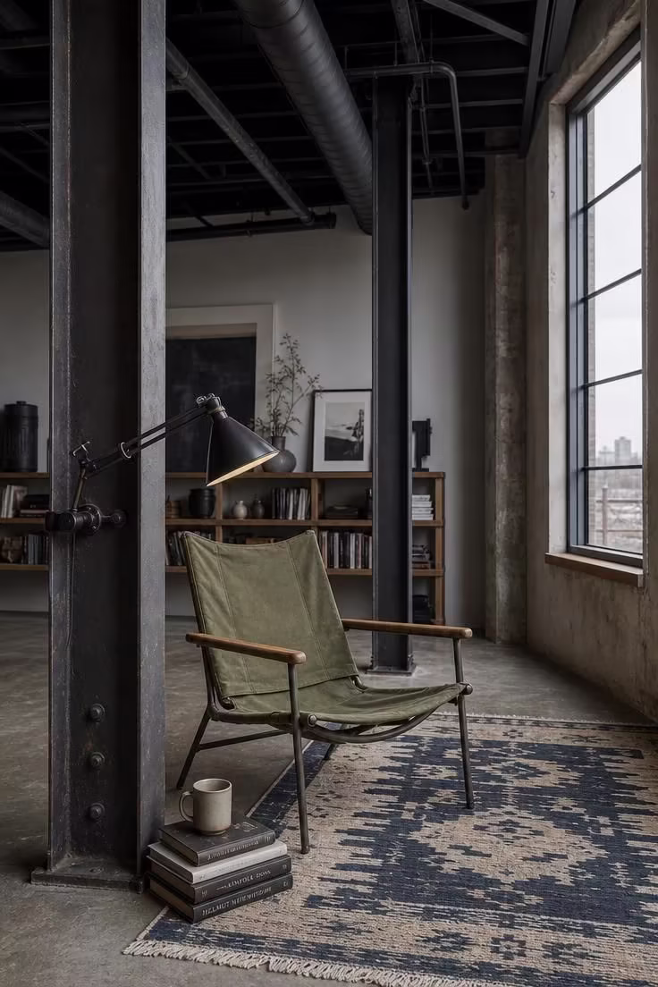 11 Inviting Loft Reading Nook Ideas for Every Home 2 An industrial loft reading nook with a canvas sling chair between steel I-beams, a clip-arm lamp, and cool overcast light from a factory window.