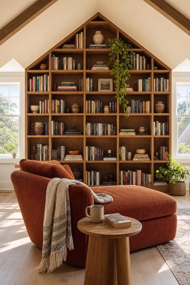 11 Inviting Loft Reading Nook Ideas for Every Home 3 A loft bookcase wall following the pitched roofline with a burnt sienna corduroy chaise, bright midday light, and shelves full of books.