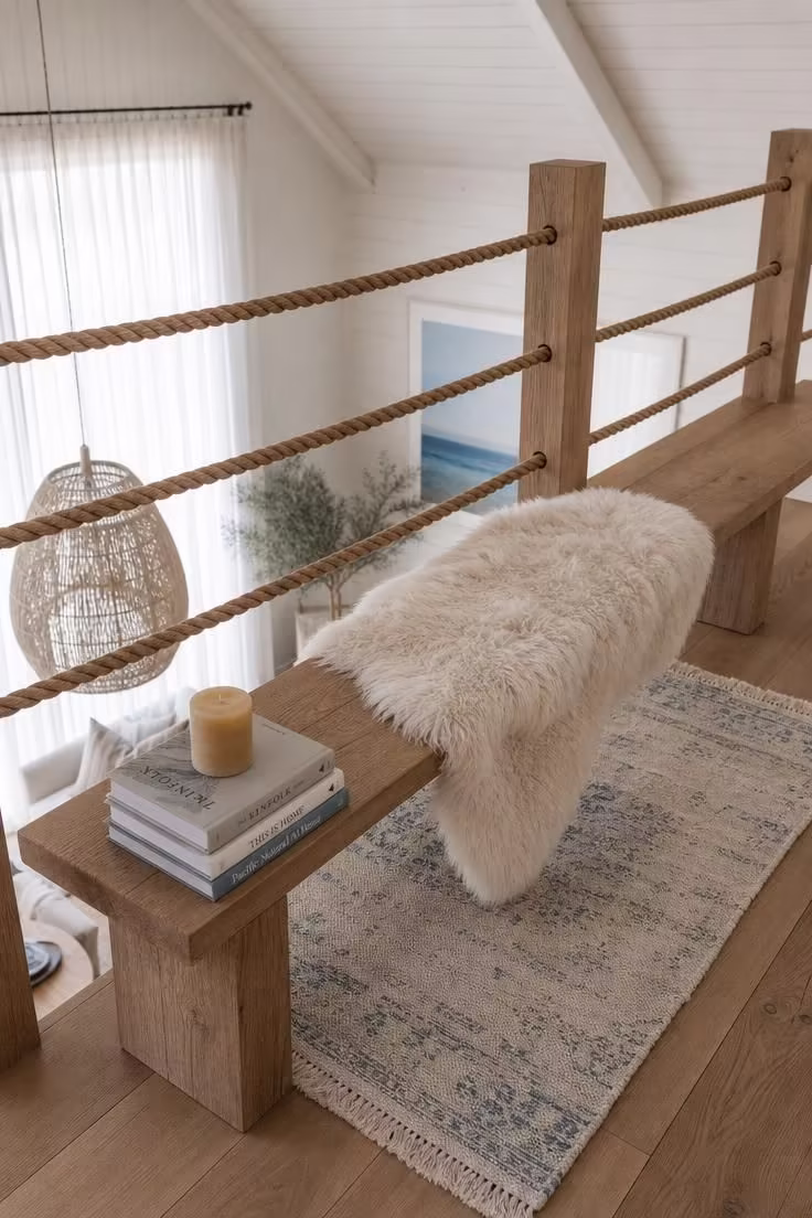 11 Inviting Loft Reading Nook Ideas for Every Home 4 A mezzanine reading spot with nautical rope railing, a sheepskin-draped bench, soft diffused light, and a view of the double-height room below.