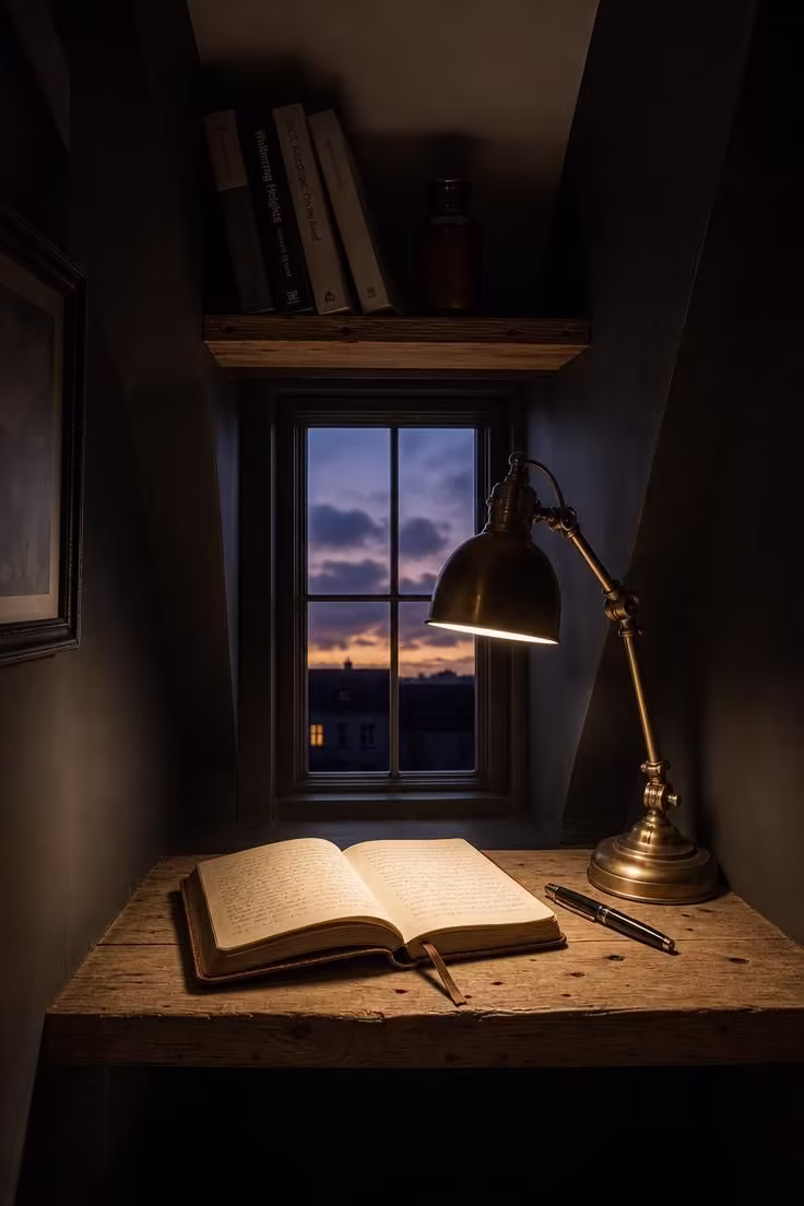 11 Inviting Loft Reading Nook Ideas for Every Home 5 A dormer window desk nook with a brass task lamp, leather journal, deep charcoal walls, and moody low dusk light through the small window.