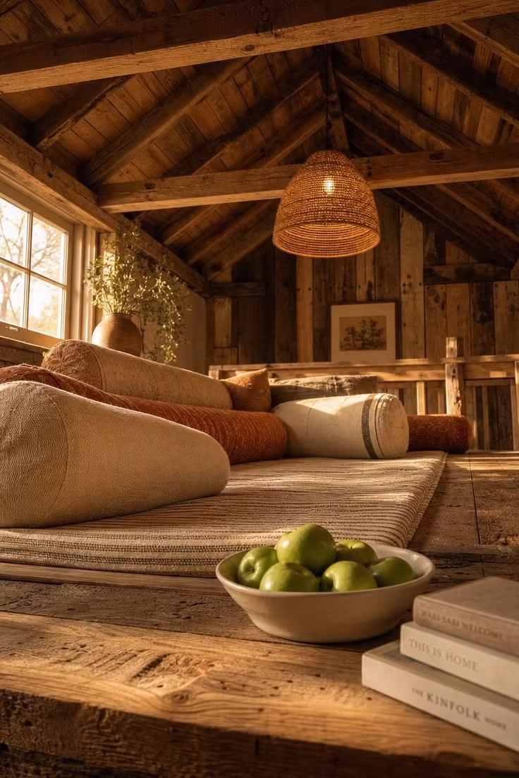 11 Inviting Loft Reading Nook Ideas for Every Home 6 A raised reclaimed barn wood platform in a loft with wool roll pillows, cotton ticking mattress, and warm golden light from a side window.