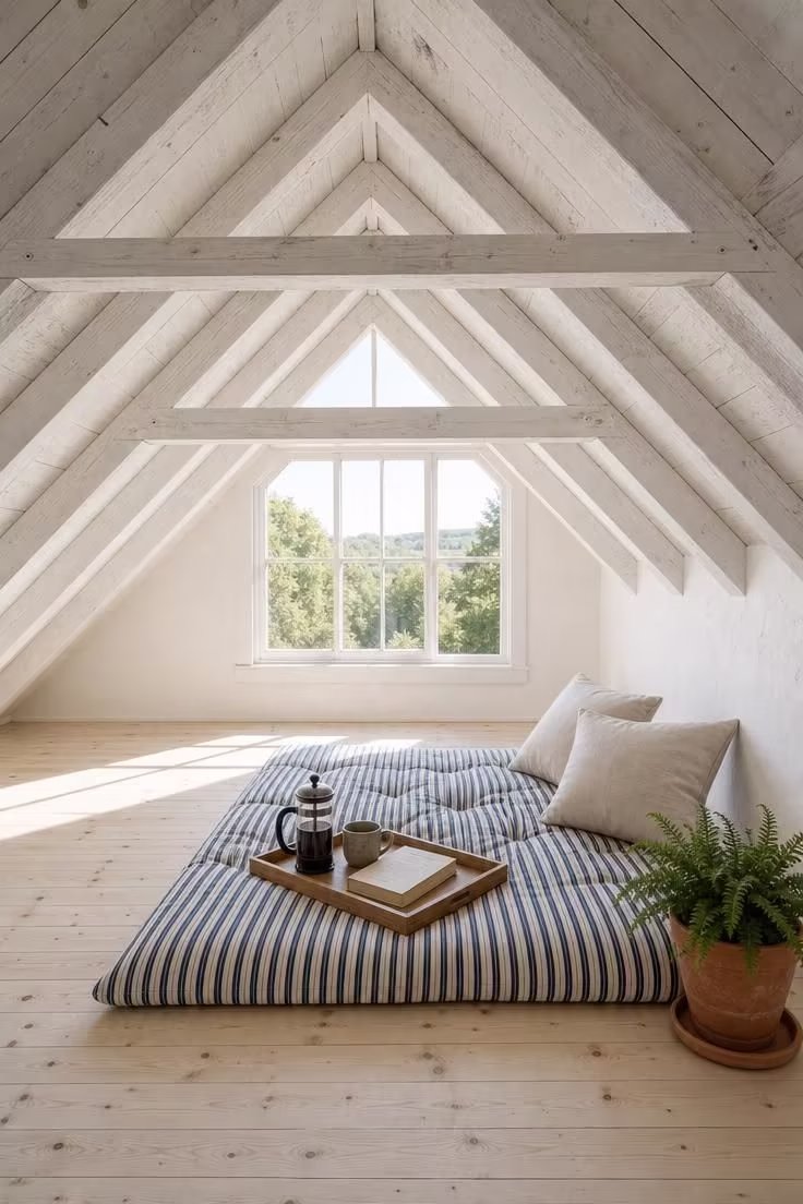 11 Inviting Loft Reading Nook Ideas for Every Home 8 A loft space with whitewashed rafters, a navy and cream ticking-stripe mattress pad, bright midday light from a gable window, and a French press on a wooden tray.