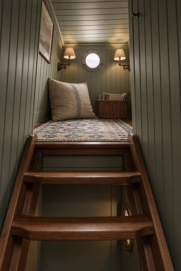 11 Inviting Loft Reading Nook Ideas for Every Home 9 A compact loft landing at the top of a ship's ladder with clip-on sconces, a handwoven rug, and soft diffused light from a porthole window.