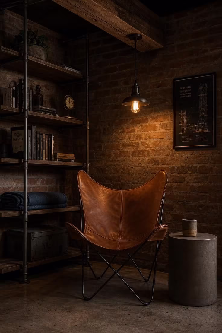 11 Inviting Loft Reading Nook Ideas for Every Home 10 A loft corner with iron pipe shelving on an exposed brick wall, a cognac leather butterfly chair on concrete, and moody low pendant light.