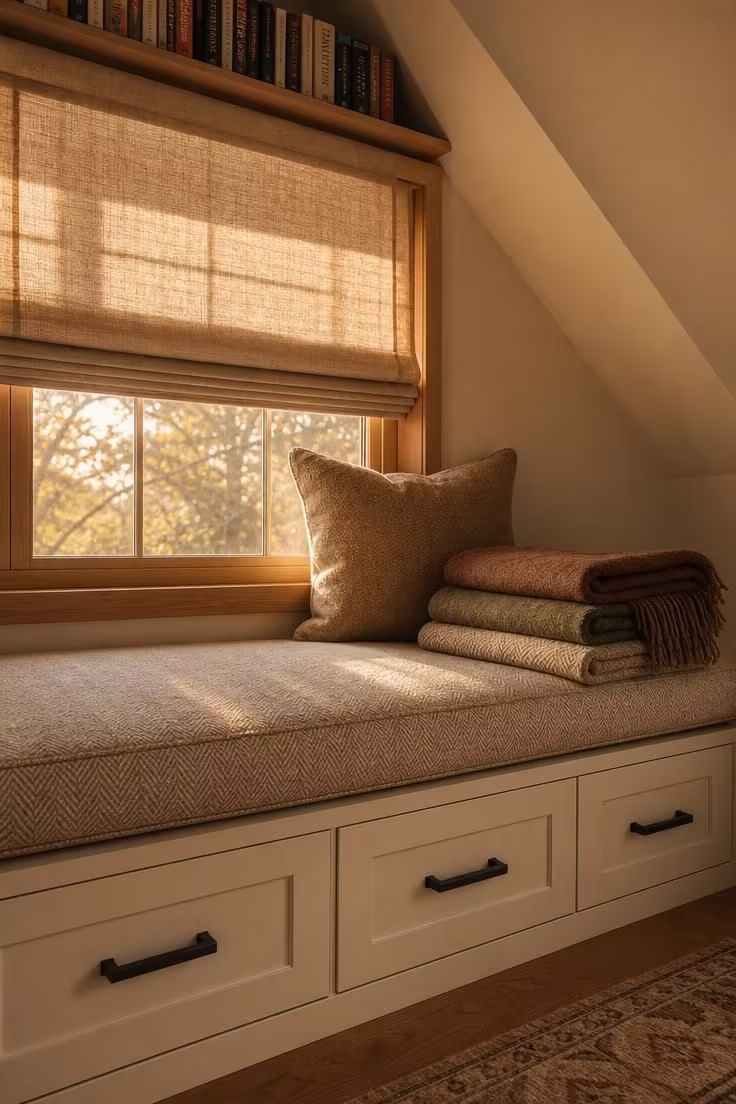 11 Inviting Loft Reading Nook Ideas for Every Home 11 A gable-end loft window seat with built-in drawers, matte black pulls, an oatmeal herringbone cushion, and warm golden light through a linen Roman shade.