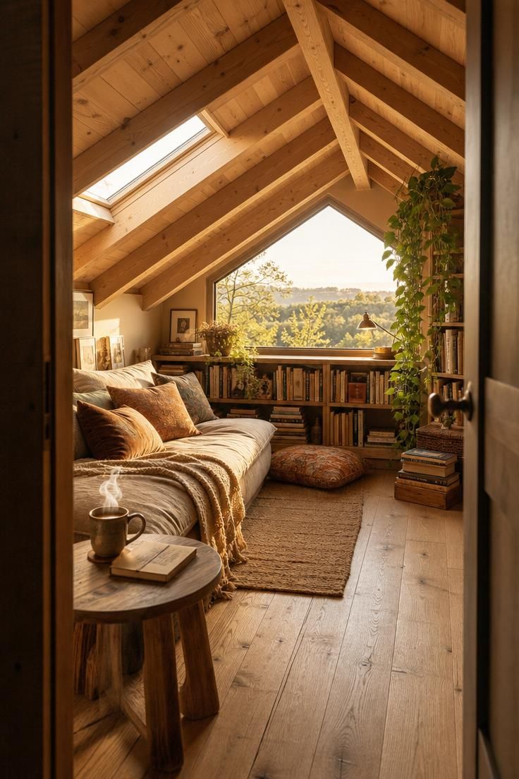 Simple Spaces 17 A sunlit loft reading nook with a linen daybed, exposed pine rafters, a skylight, and warm golden afternoon light filling the space.