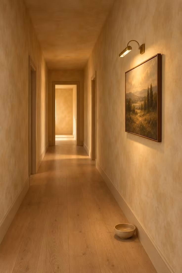 Long hallway with warm cream limewash walls, a brass picture light glowing over a single framed painting, and pale oak floors.