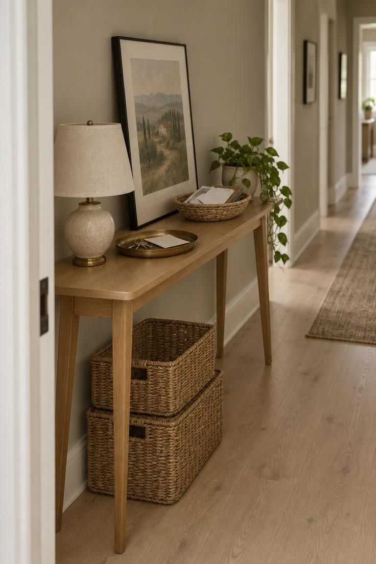 Shallow oak console in a hallway with a linen lamp, brass tray, stacked baskets below, and a leaning framed print above.