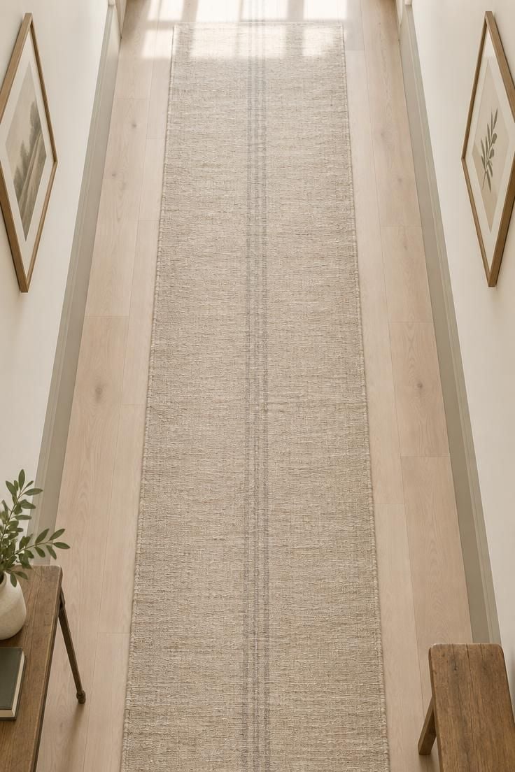 Overhead view of a long oatmeal linen runner down a pale wood hallway with visible floor margins on both sides.