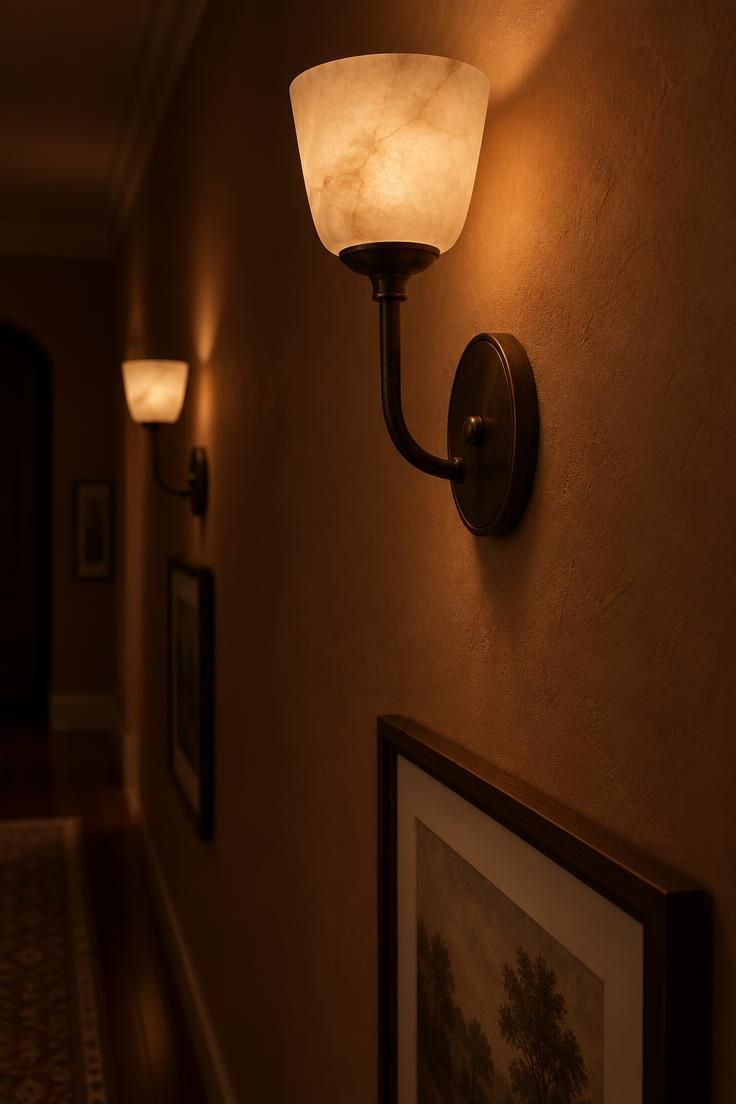 Close-up of a frosted alabaster sconce on a clay-toned hallway wall, with the next sconce blurred in the distance.
