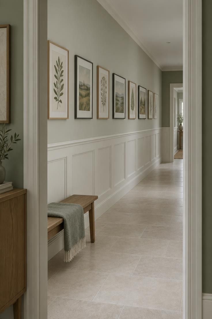 Long hallway with a single row of evenly spaced framed prints above off-white wainscoting and a slim bench at one end.