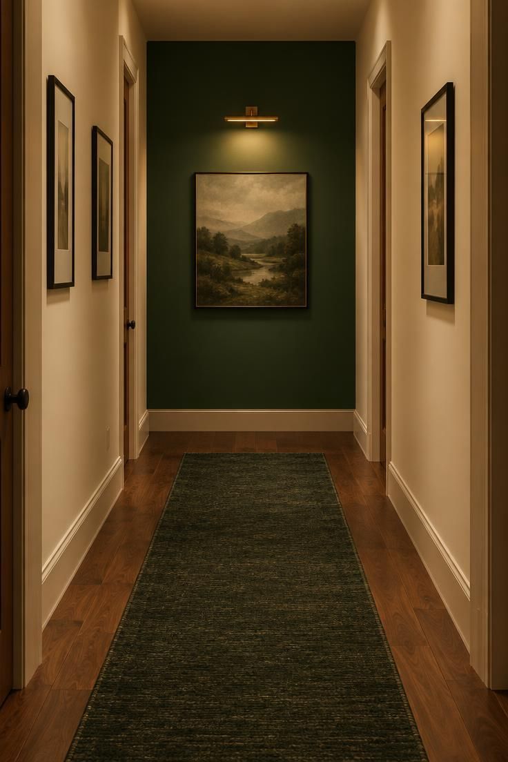 Long hallway with cream side walls ending in a deep green accent wall with a single framed artwork and brass wall light.