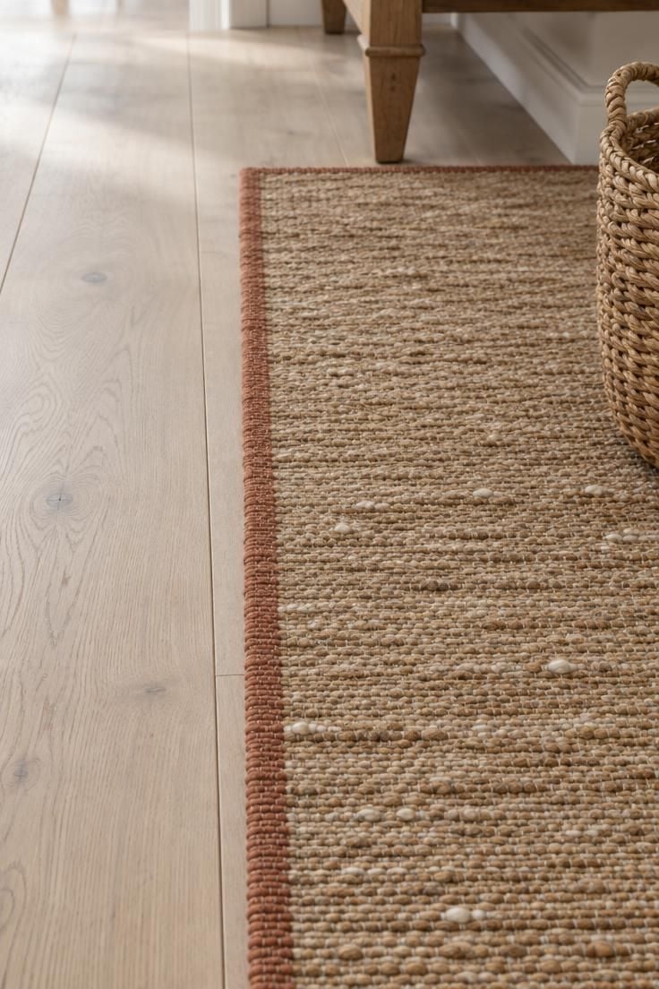 Close-up of a jute and wool runner with a terracotta border over pale wide-plank wood flooring in a hallway.