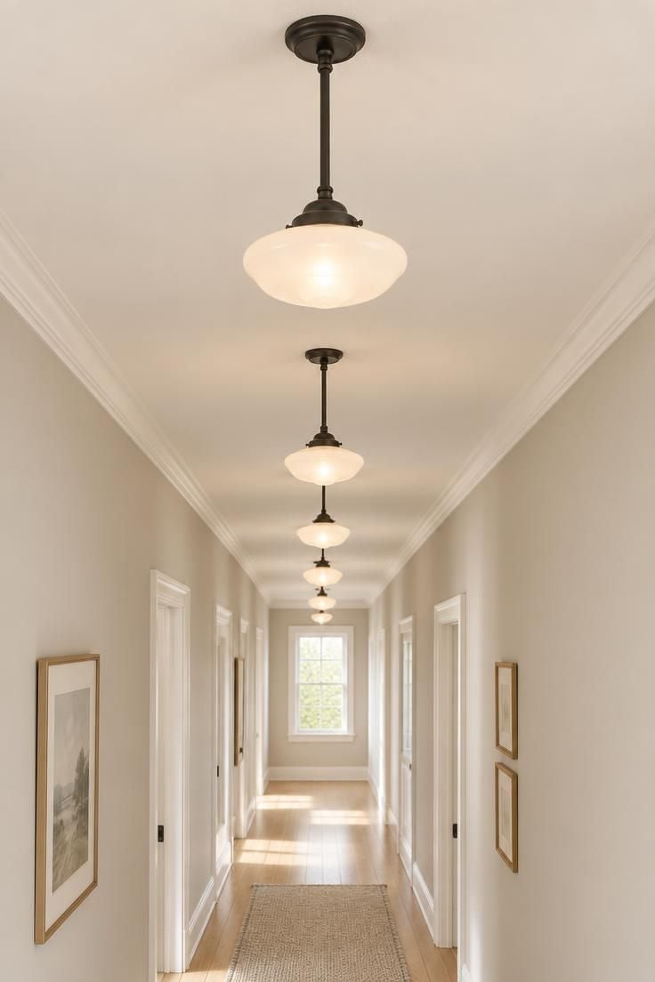 Overhead view down a long hallway ceiling with a row of opal schoolhouse pendants evenly spaced along the center line.