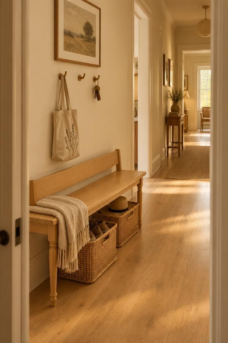 Slim maple bench in a hallway with cane baskets underneath, a folded throw, and hooks holding a tote above.