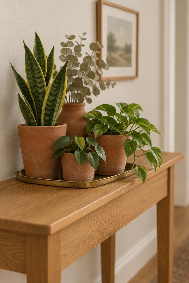Cluster of terracotta pots with low-light plants on a narrow oak console in a hallway, with a brass drip tray beneath.