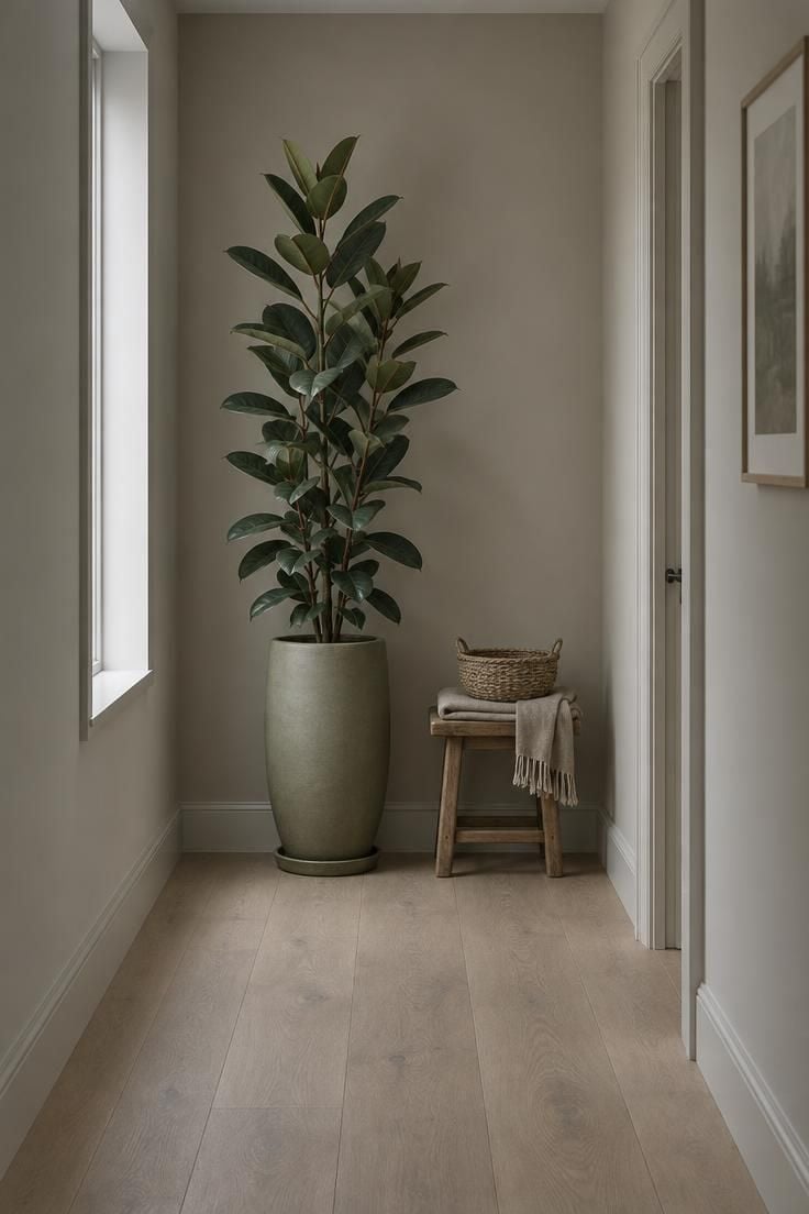 Tall sand-glazed ceramic planter with a rubber plant in the dead-end corner of a long hallway, with a small stool and basket beside it.