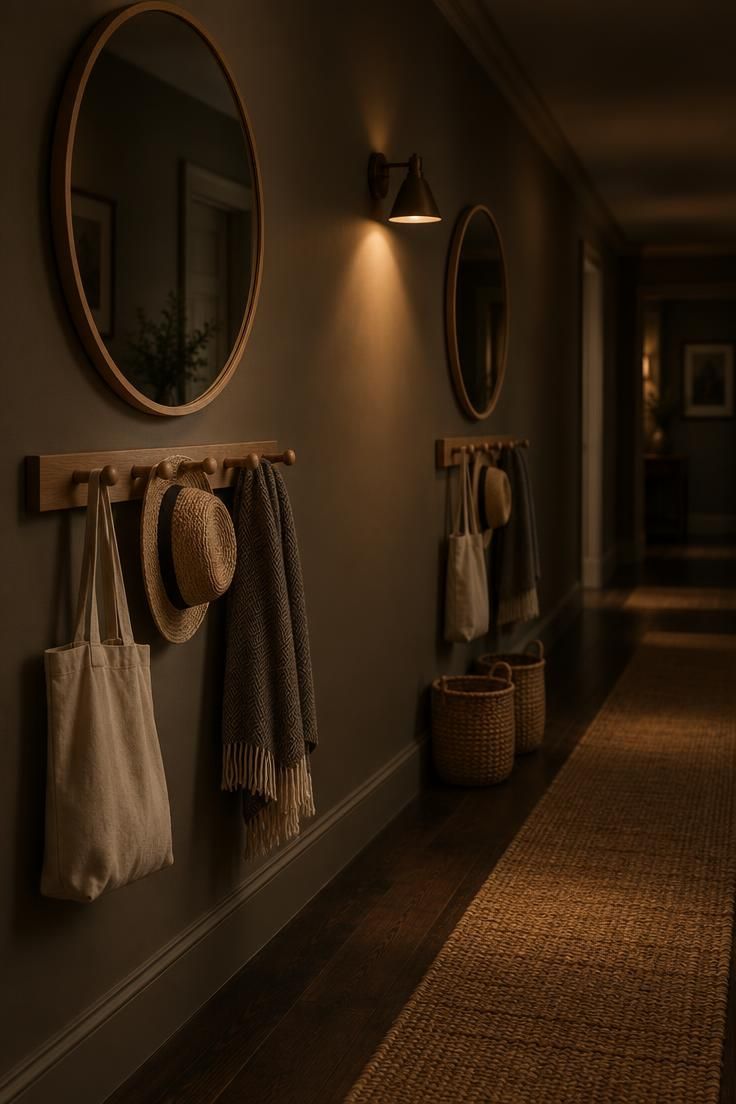 Two round oak-framed mirrors with matching oak peg rails on a hallway wall, holding totes and a hat, lit by a single warm sconce.