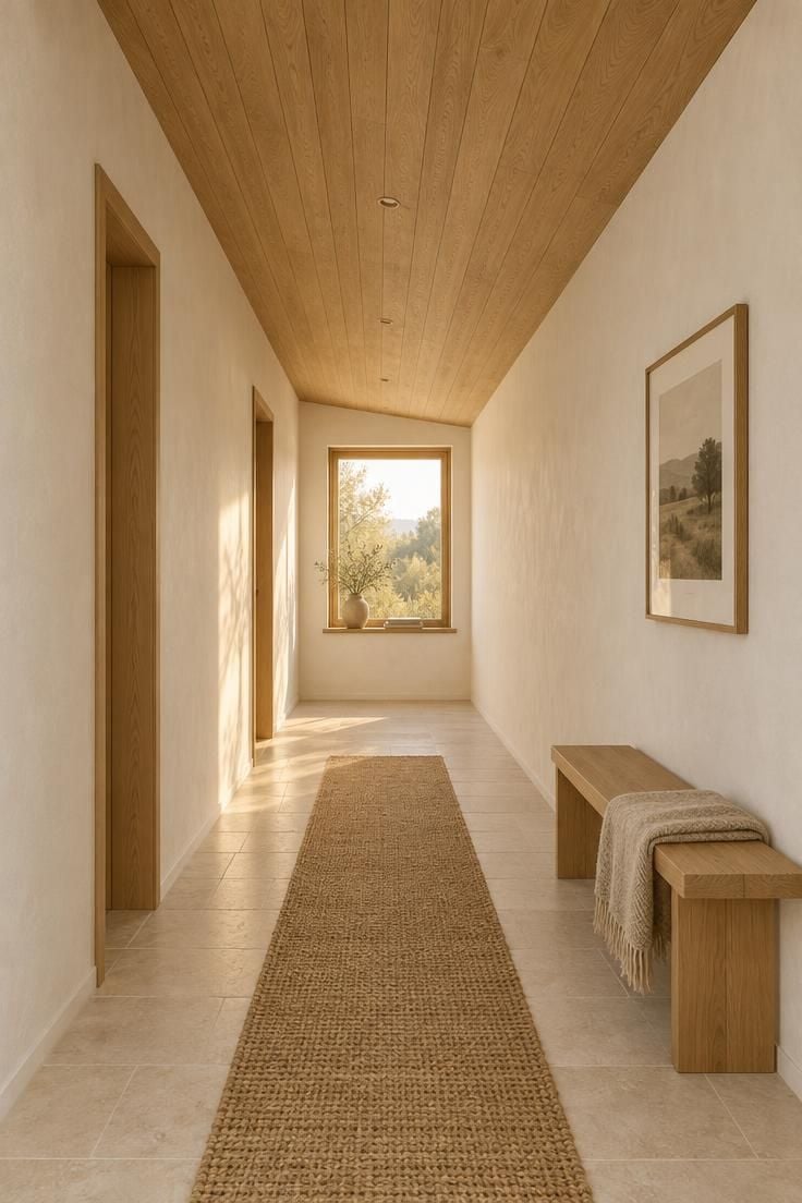 Long hallway with a warm wood ceiling over soft white walls, a bench, a framed print, and a jute runner.
