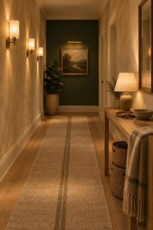 Cozy long hallway with cream limewash walls, a linen runner, oak console with lamp, warm sconces, and a deep green end wall.