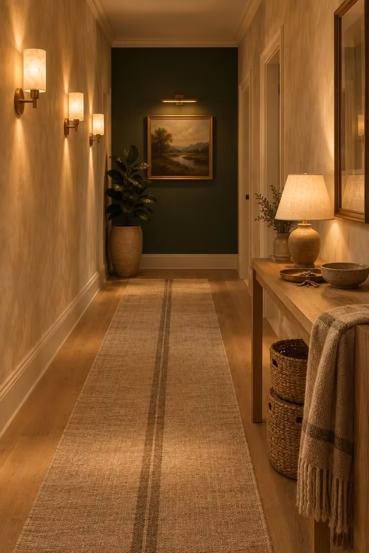 Simple Spaces 15 Cozy long hallway with cream limewash walls, a linen runner, oak console with lamp, warm sconces, and a deep green end wall.