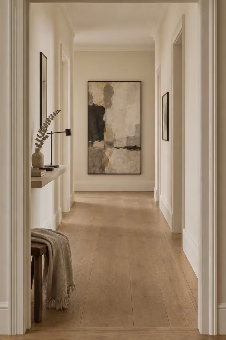 12 Calm Long Narrow Hallway Ideas to End Tunnel Feel 1 A pale corridor viewed from the doorway with a single large framed abstract at the far end, a shelf with a lamp, and matte oak flooring.