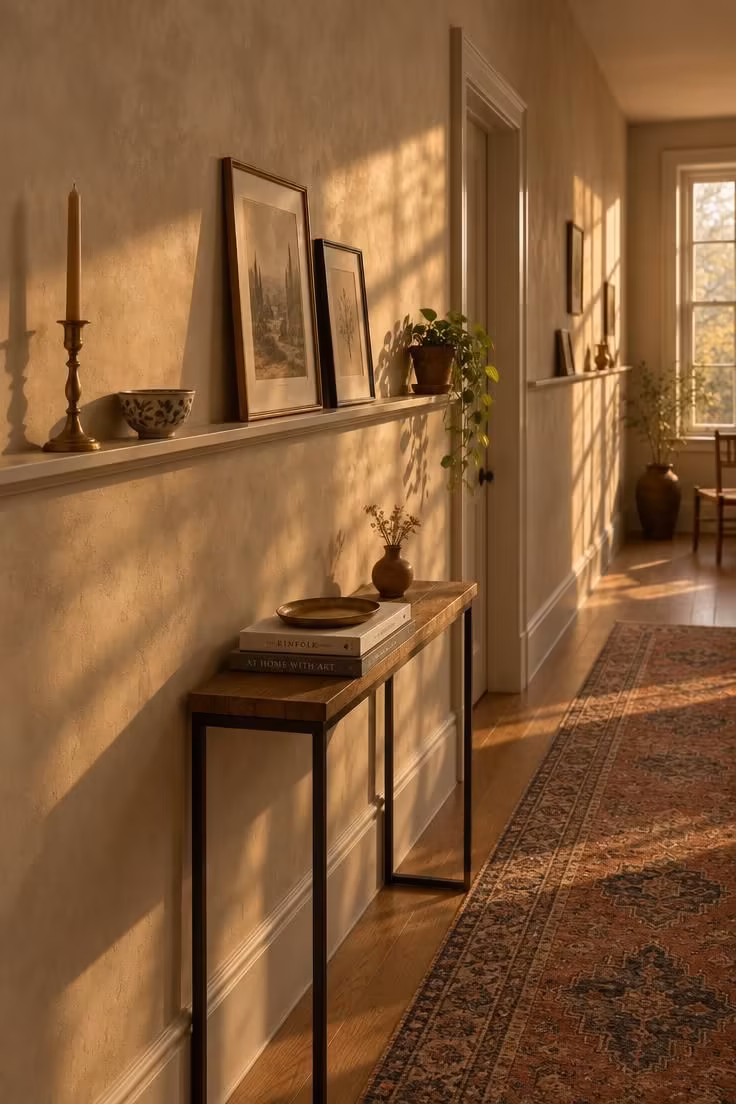 12 Calm Long Narrow Hallway Ideas to End Tunnel Feel 2 A warm-lit corridor wall with a long picture ledge holding small objects and a slim console below, lit by late afternoon sun.