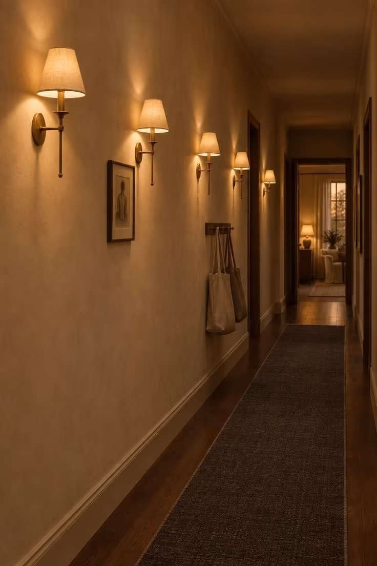 12 Calm Long Narrow Hallway Ideas to End Tunnel Feel 3 A dim corridor lit by five evenly spaced brass sconces along one plaster wall, with a charcoal runner and a small framed drawing.