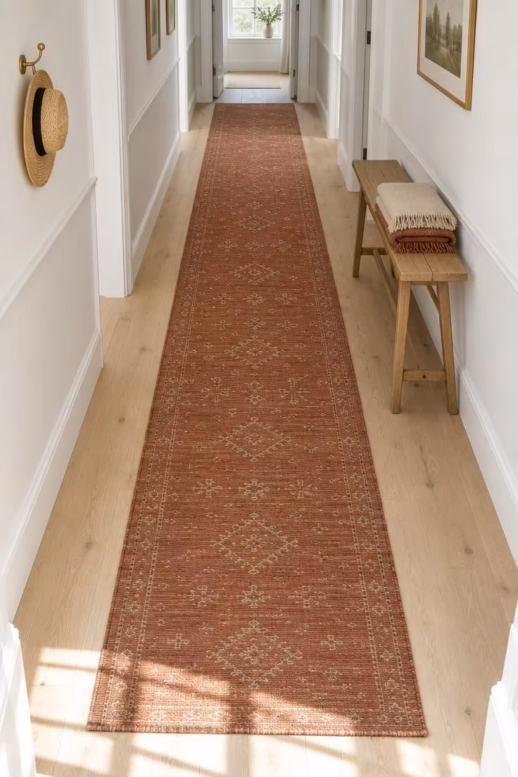 12 Calm Long Narrow Hallway Ideas to End Tunnel Feel 4 An overhead view down a corridor with a long rust flatweave runner showing floor on both sides, a bench, and bright midday light.