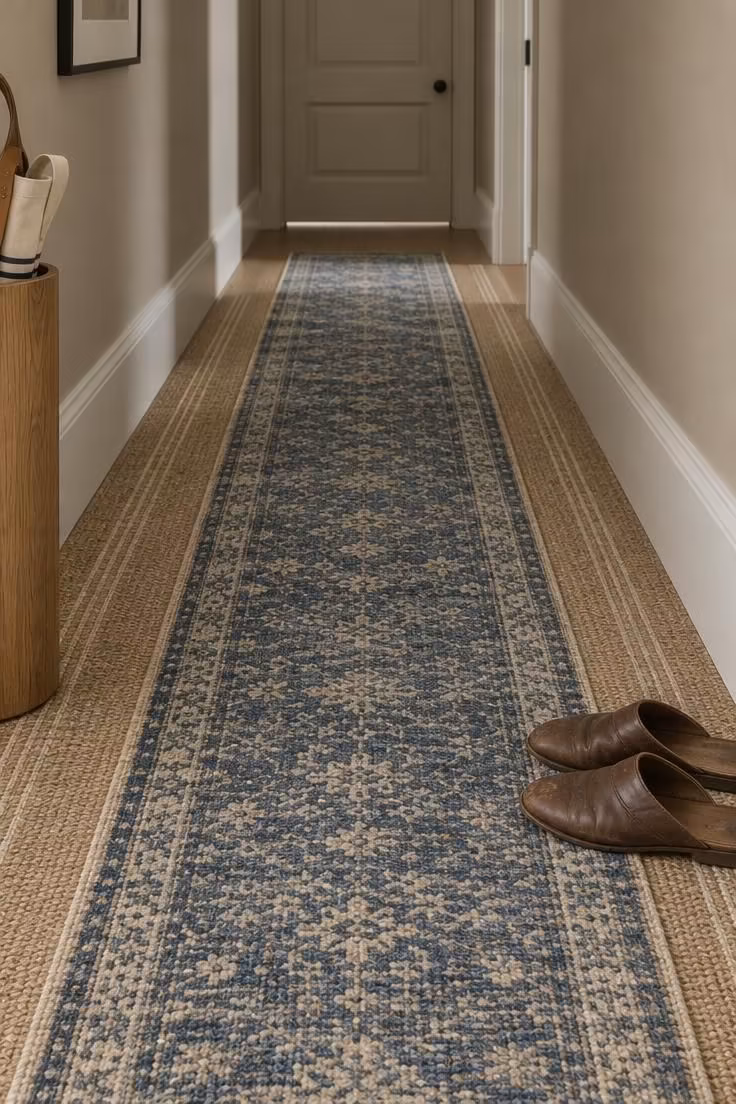12 Calm Long Narrow Hallway Ideas to End Tunnel Feel 5 A floor-level detail of a striped jute runner layered beneath a narrower indigo wool runner along a corridor's center line.