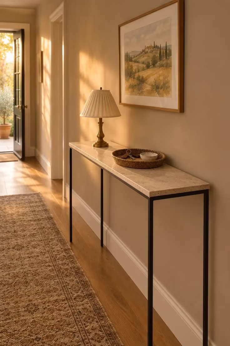12 Calm Long Narrow Hallway Ideas to End Tunnel Feel 6 A slim travertine-topped console against a mushroom-toned corridor wall with a small lamp, tray, and framed watercolor above.