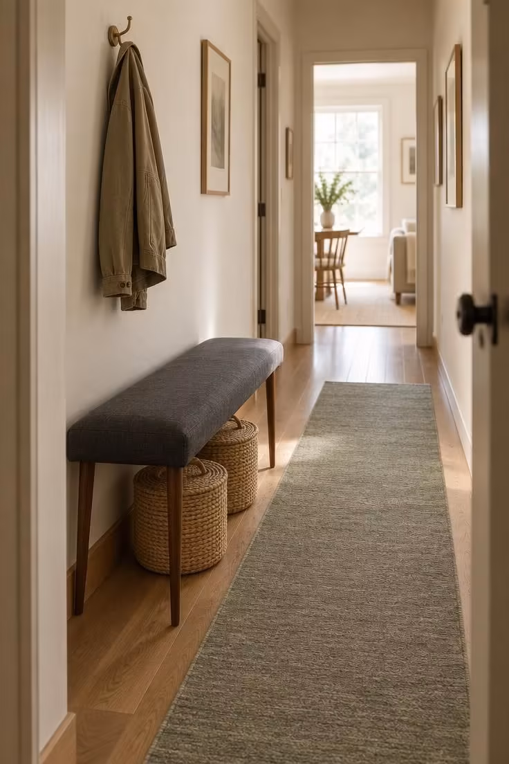 12 Calm Long Narrow Hallway Ideas to End Tunnel Feel 7 A slim charcoal upholstered bench with two lidded baskets beneath it in a narrow corridor leading toward a bright far room.