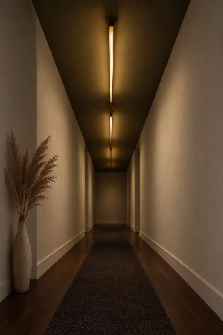 12 Calm Long Narrow Hallway Ideas to End Tunnel Feel 8 A low-angle view of a long corridor with a deep olive ceiling, a linear brass fixture running lengthwise, and pale walls.