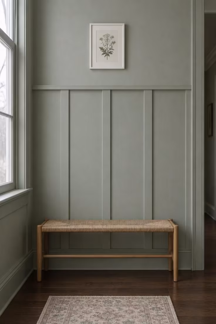 12 Calm Long Narrow Hallway Ideas to End Tunnel Feel 9 A close-up of a soft sage board-and-batten lower wall with a cap rail and a small framed botanical print hung above it.