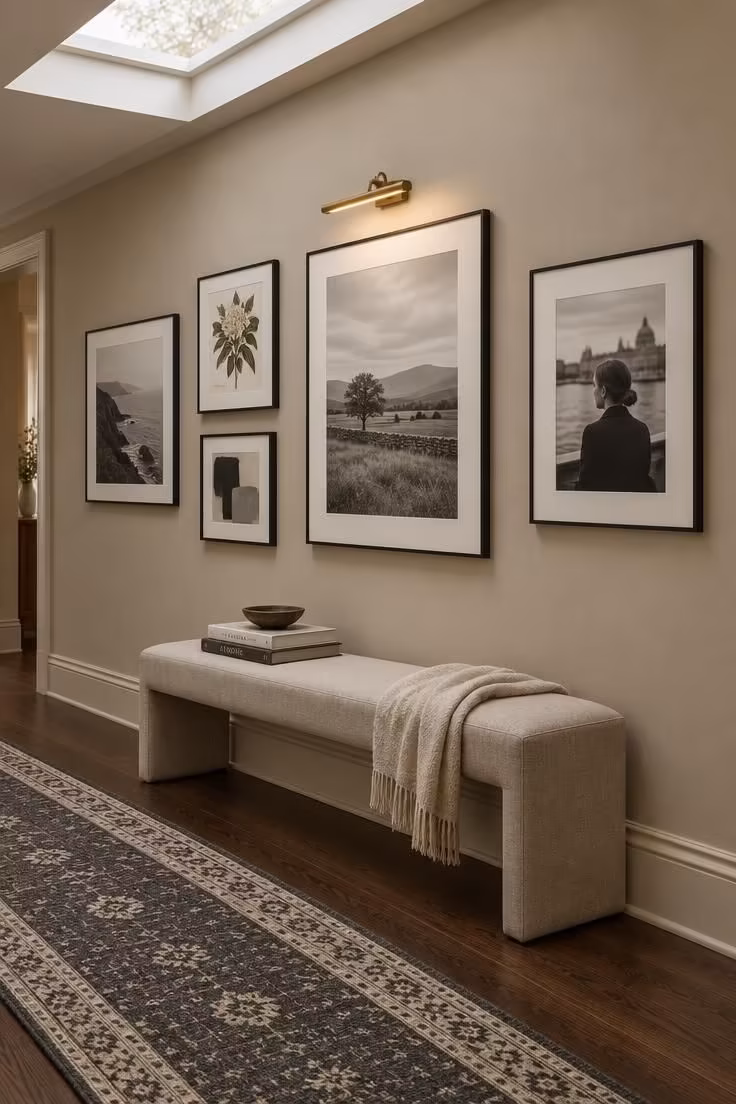 12 Calm Long Narrow Hallway Ideas to End Tunnel Feel 10 A corridor wall hung as one continuous gallery with mixed art in matching black frames above an oatmeal upholstered bench.