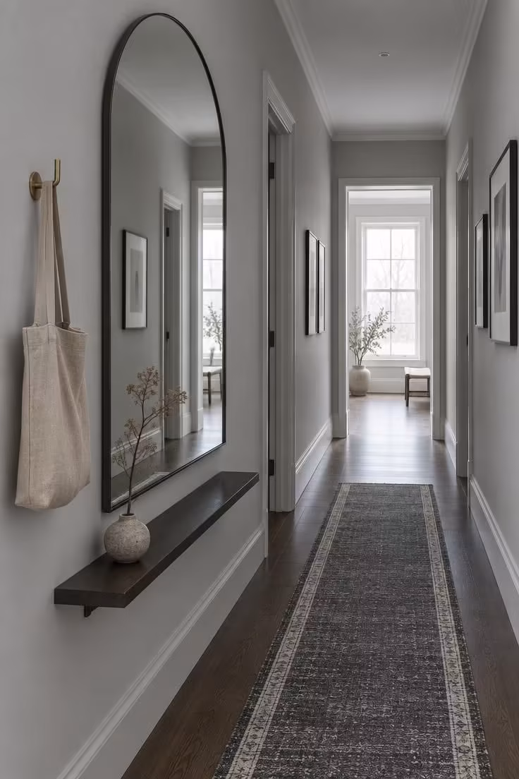 12 Calm Long Narrow Hallway Ideas to End Tunnel Feel 11 A tall arched mirror with a blackened metal frame on a cool gray corridor wall, reflecting a window and the hall's far end.