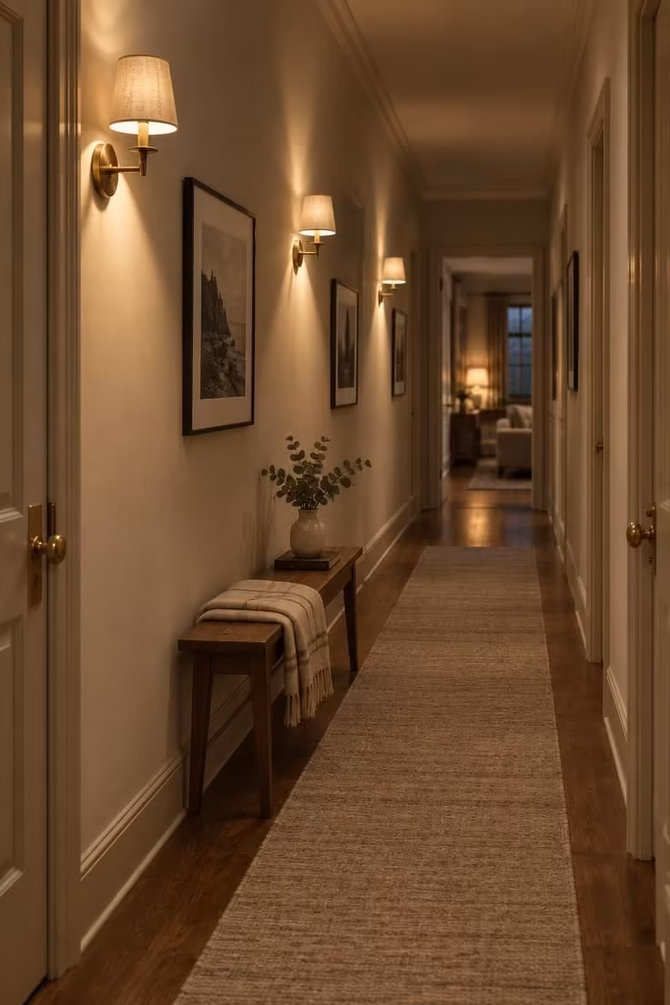 12 Calm Long Narrow Hallway Ideas to End Tunnel Feel 12 Long narrow hallway with paired low wall sconces and a flat-weave wool runner in muted oatmeal, warm evening light pooling on the wood floor.