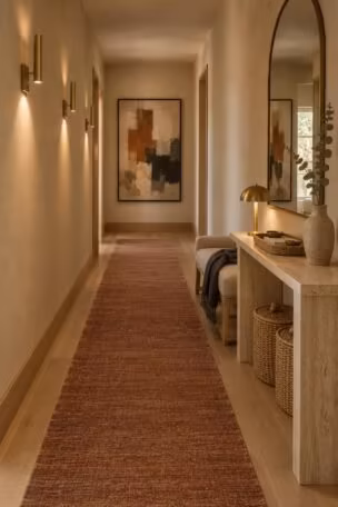 A warm-lit long narrow hallway with a rust runner, brass sconces, a travertine console, an oatmeal bench, and an arched mirror reflecting a bright window.