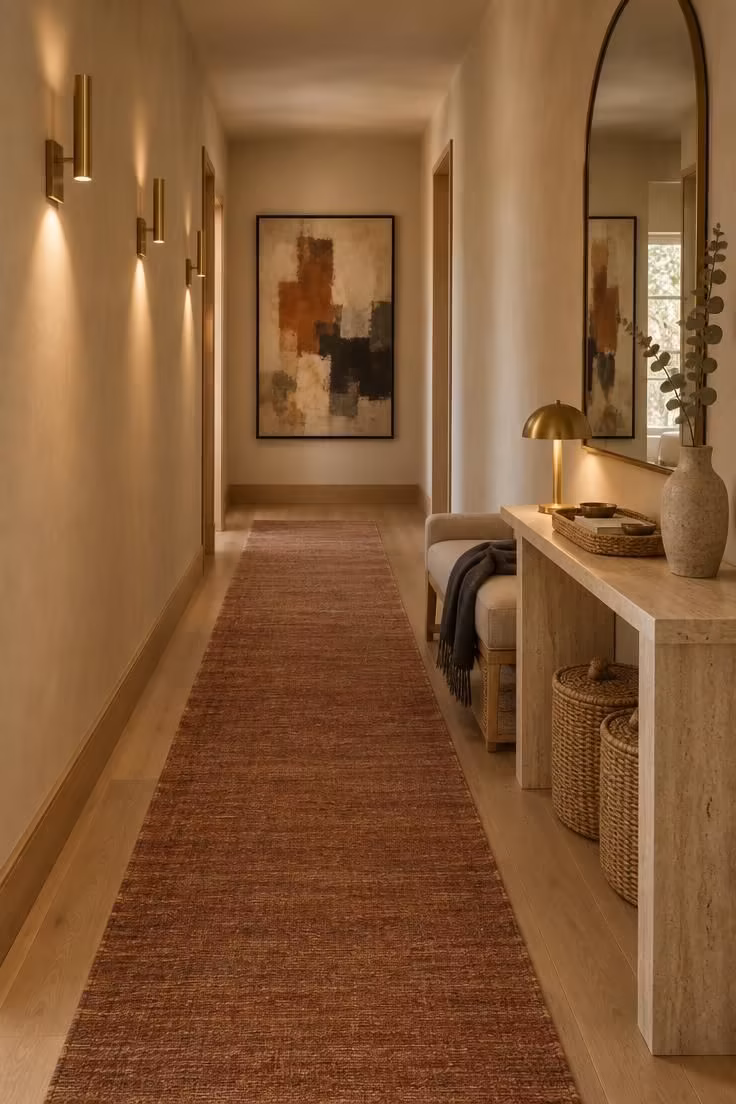 Simple Spaces 16 A warm-lit long narrow hallway with a rust runner, brass sconces, a travertine console, an oatmeal bench, and an arched mirror reflecting a bright window.