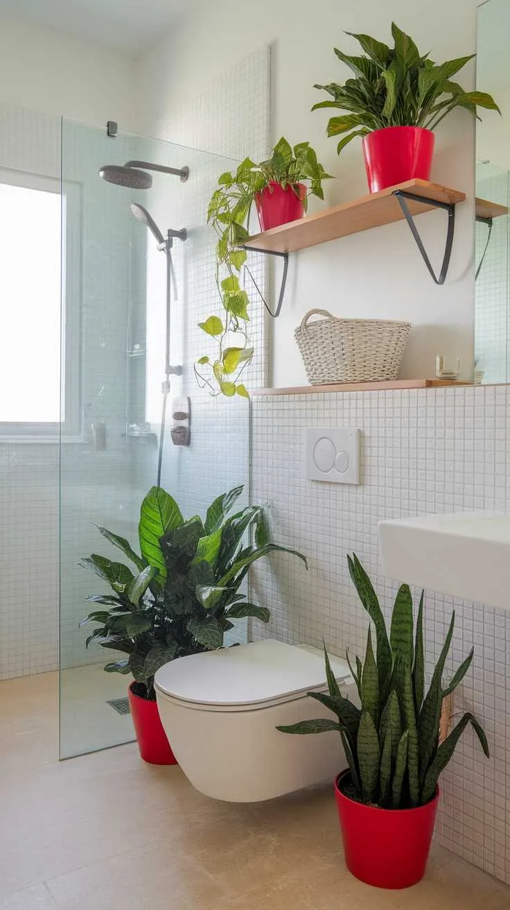 13 Red Bathroom Decor Ideas to Transform Your Space 11 A bright bathroom with red pots of plants, featuring a modern toilet and glass shower.