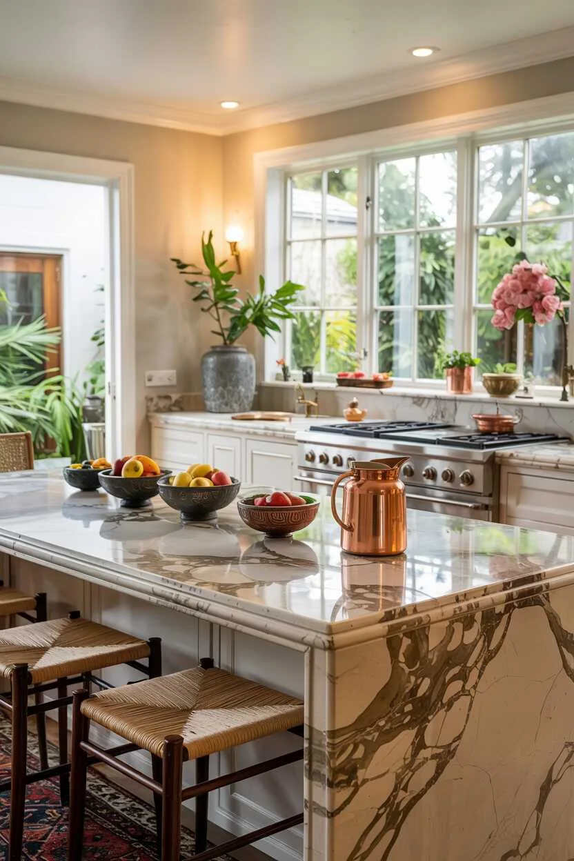 24 Bold Luxury Kitchen Design Ideas for Instant Glam 1 Luxurious kitchen featuring a marble waterfall island with seating for four, fruit-filled artisanal bowls, and stainless steel appliances under warm lighting.