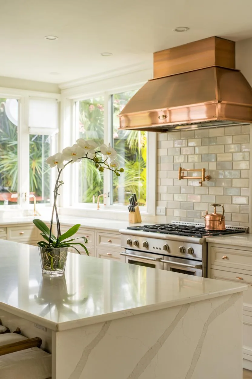 24 Bold Luxury Kitchen Design Ideas for Instant Glam 2 Minimalist luxury kitchen with white quartz waterfall island, copper range hood, warm grey cabinetry, and light grey marble tile backsplash.