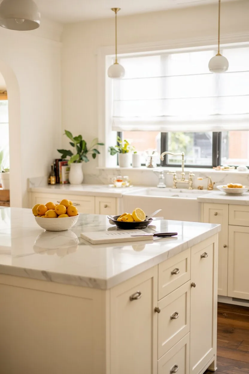 24 Bold Luxury Kitchen Design Ideas for Instant Glam 3 Modern luxury kitchen with white marble island, gold hardware, and bowl of lemons.